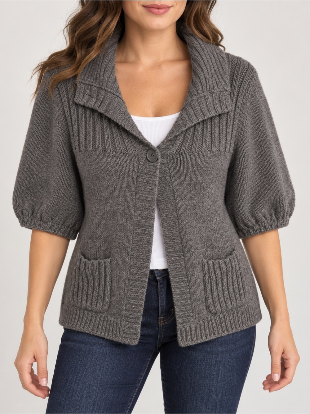 Express Gray Angora Blend Shawl Collar Puff Sleeve Cardigan Small